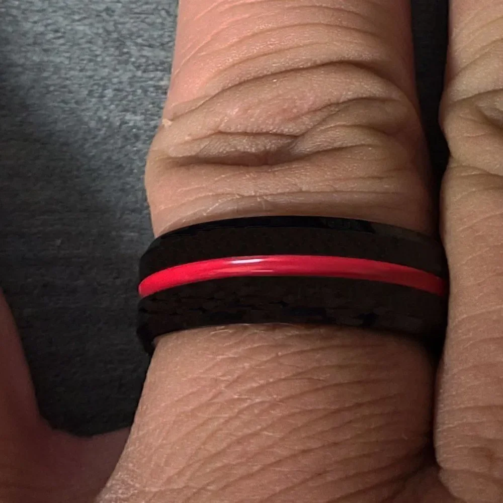 Personalized Men's Real Black Tungsten Wedding Ring With Red Line Center Groove